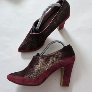 Anthropologie Miss Albright Booties Brown Gold Pony Hair Maroon Suede Size 7.5